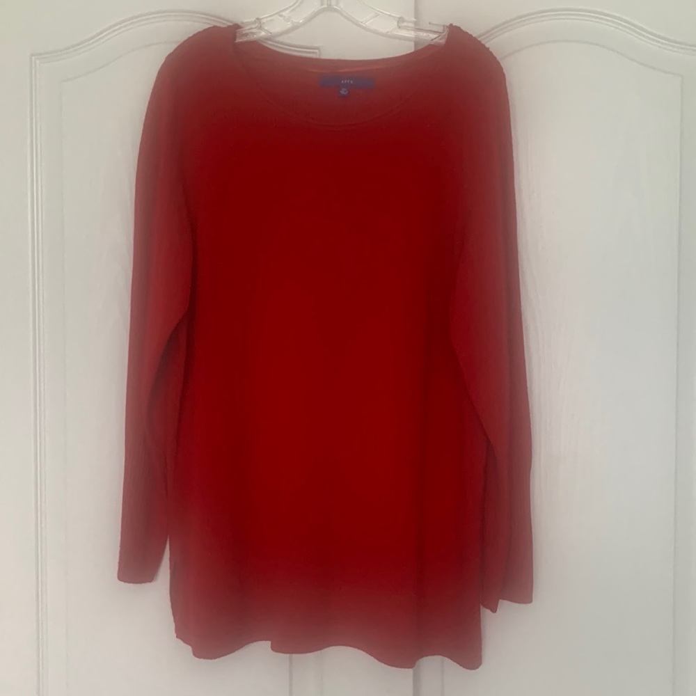 Apt 9 red sweater pullover tunic boat neck size 0X long sleeves metallic thread